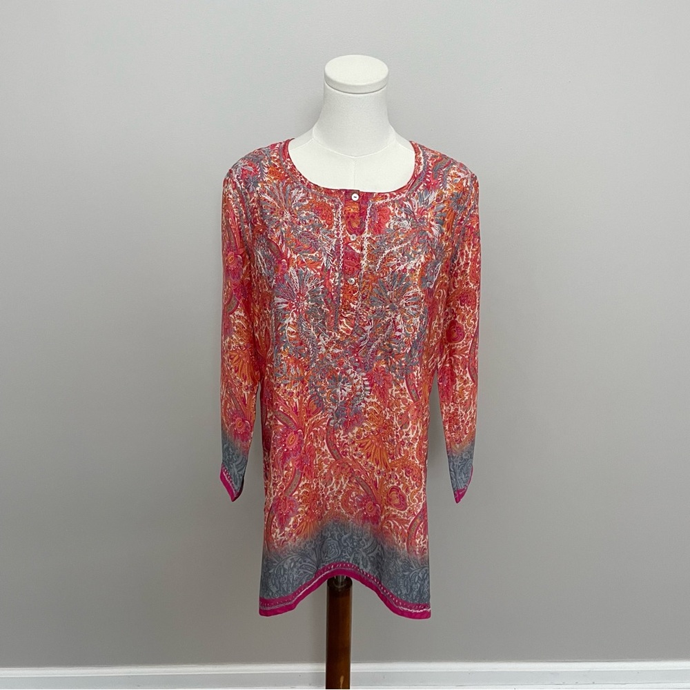 Soft Surroundings Tunic Top Silk Floral Paisley Embroidered Pink Boho Bohemian